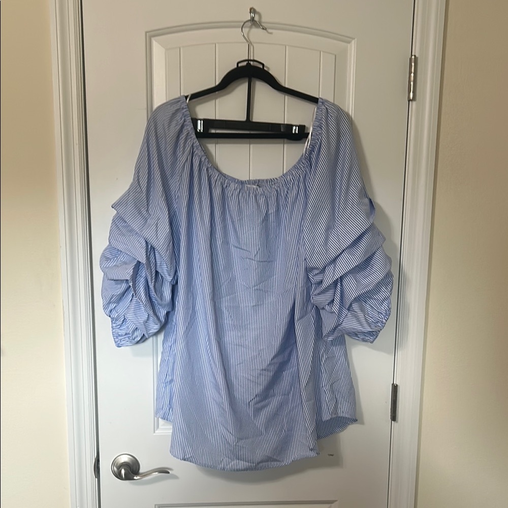 Blue Ruffled Puff Sleeve Blouse